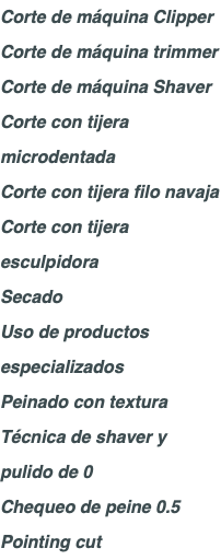 Corte de máquina Clipper Corte de máquina trimmer Corte de máquina Shaver Corte con tijera microdentada Corte con tijera filo navaja Corte con tijera esculpidora Secado Uso de productos especializados Peinado con textura Técnica de shaver y pulido de 0 Chequeo de peine 0.5 Pointing cut