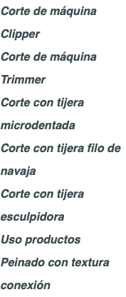 Corte de máquina Clipper Corte de máquina Trimmer Corte con tijera microdentada Corte con tijera filo de navaja Corte con tijera esculpidora Uso productos Peinado con textura conexión